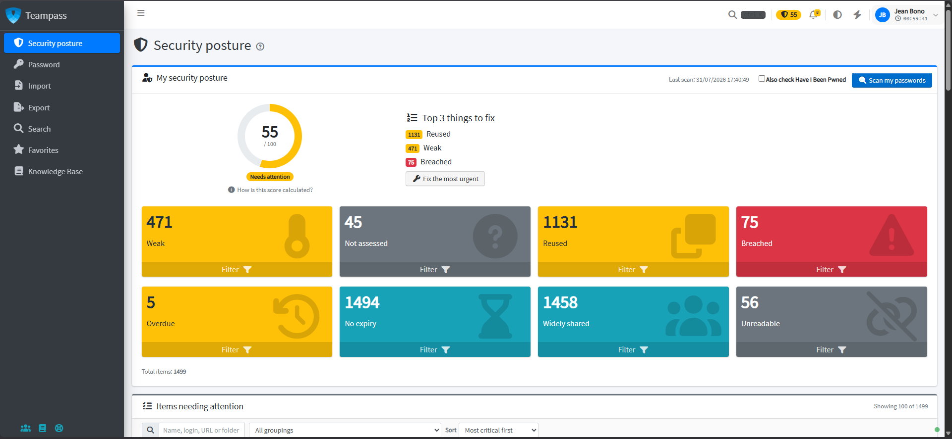 The Teampass security posture screen: a score out of 100 and tiles counting weak, reused, breached, overdue and widely shared credentials